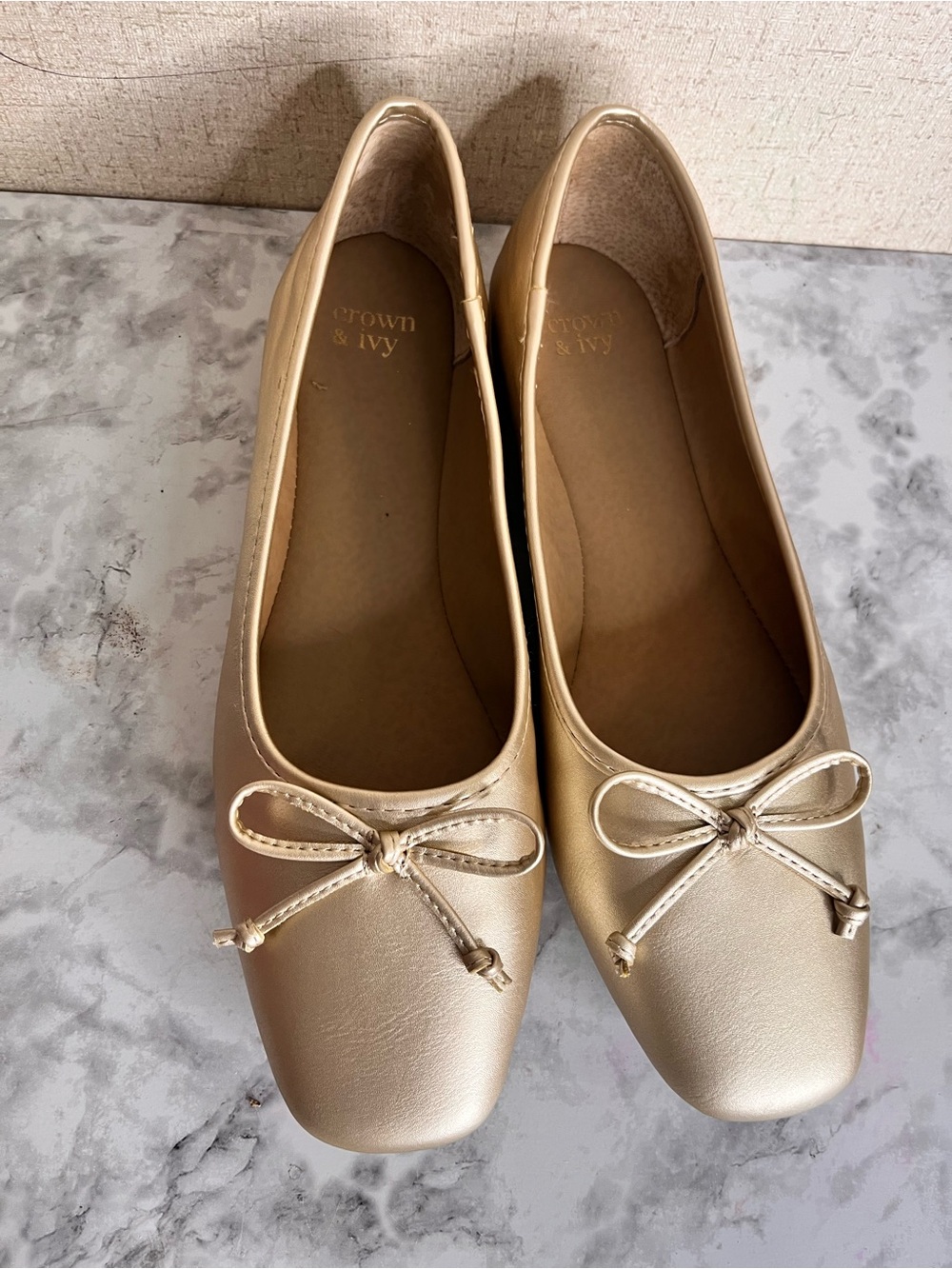 crown & ivy Metallic Champagne Ballet Flats with Bow